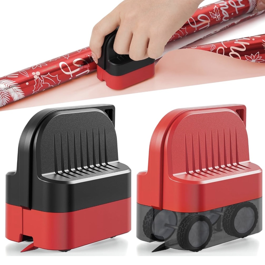 A hand uses a red and black wrapping paper cutter on festive red paper adorned with white designs. Below, two cutters are displayed: one black with a transparent base and one all red, featuring two small wheel-like details. Perfect for creating those cute Christmas tags!